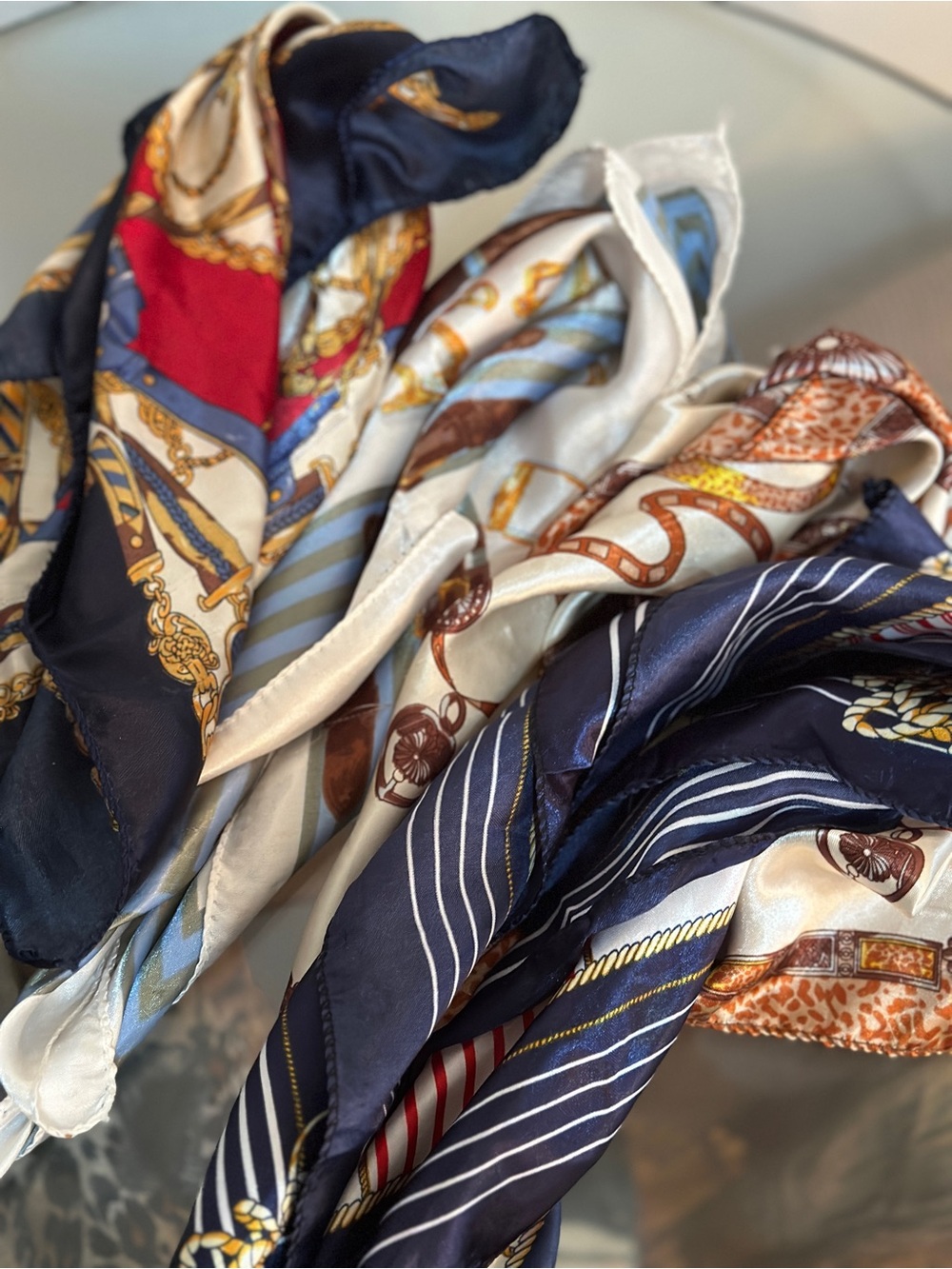Vintage Silk Style lPatterned Pocket Squares - Navy, Cream, Red Accents